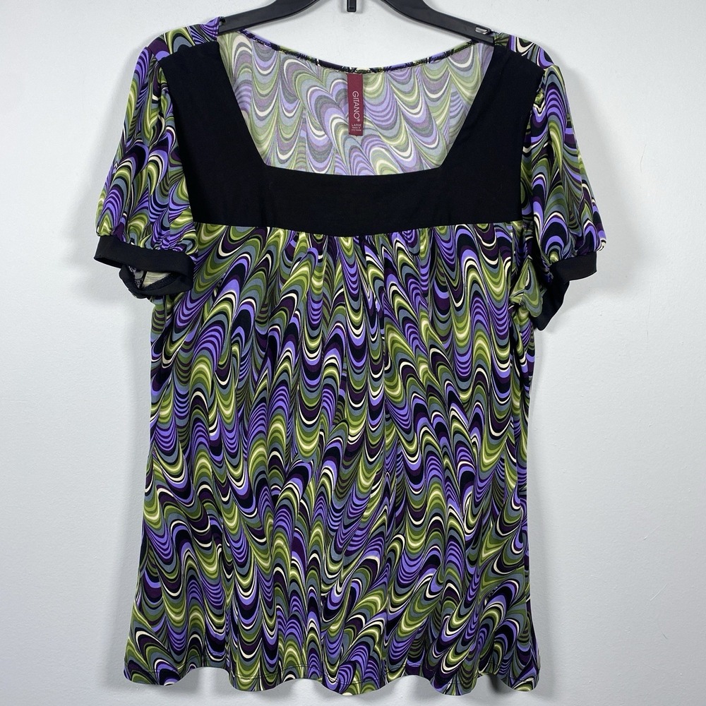 Gitano‎ BabyDoll Purple Green Women's Size Large Shirt Wavy Print Y2K Retro Boho